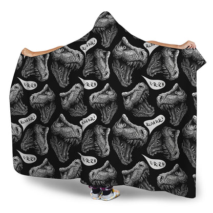 Black And White T-Rex Dinosaur Print Hooded Blanket