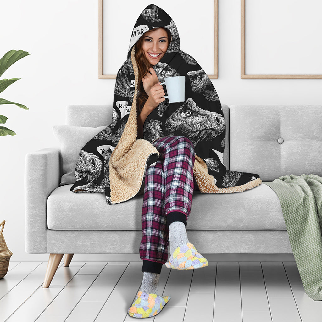 Black And White T-Rex Dinosaur Print Hooded Blanket