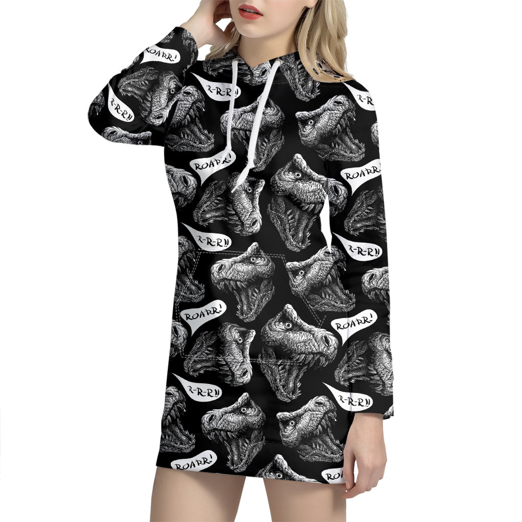 Black And White T-Rex Dinosaur Print Hoodie Dress