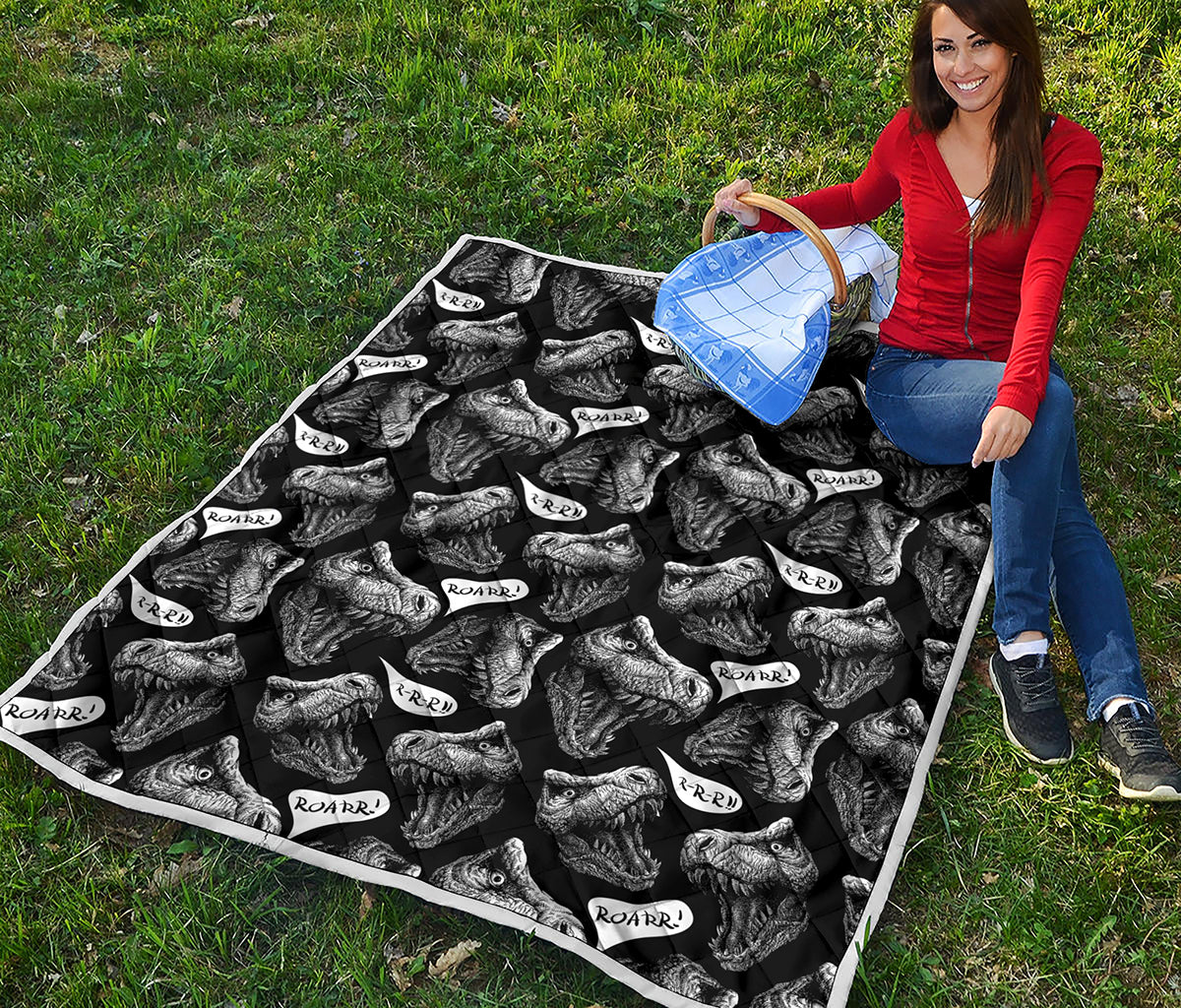 Black And White T-Rex Dinosaur Print Quilt