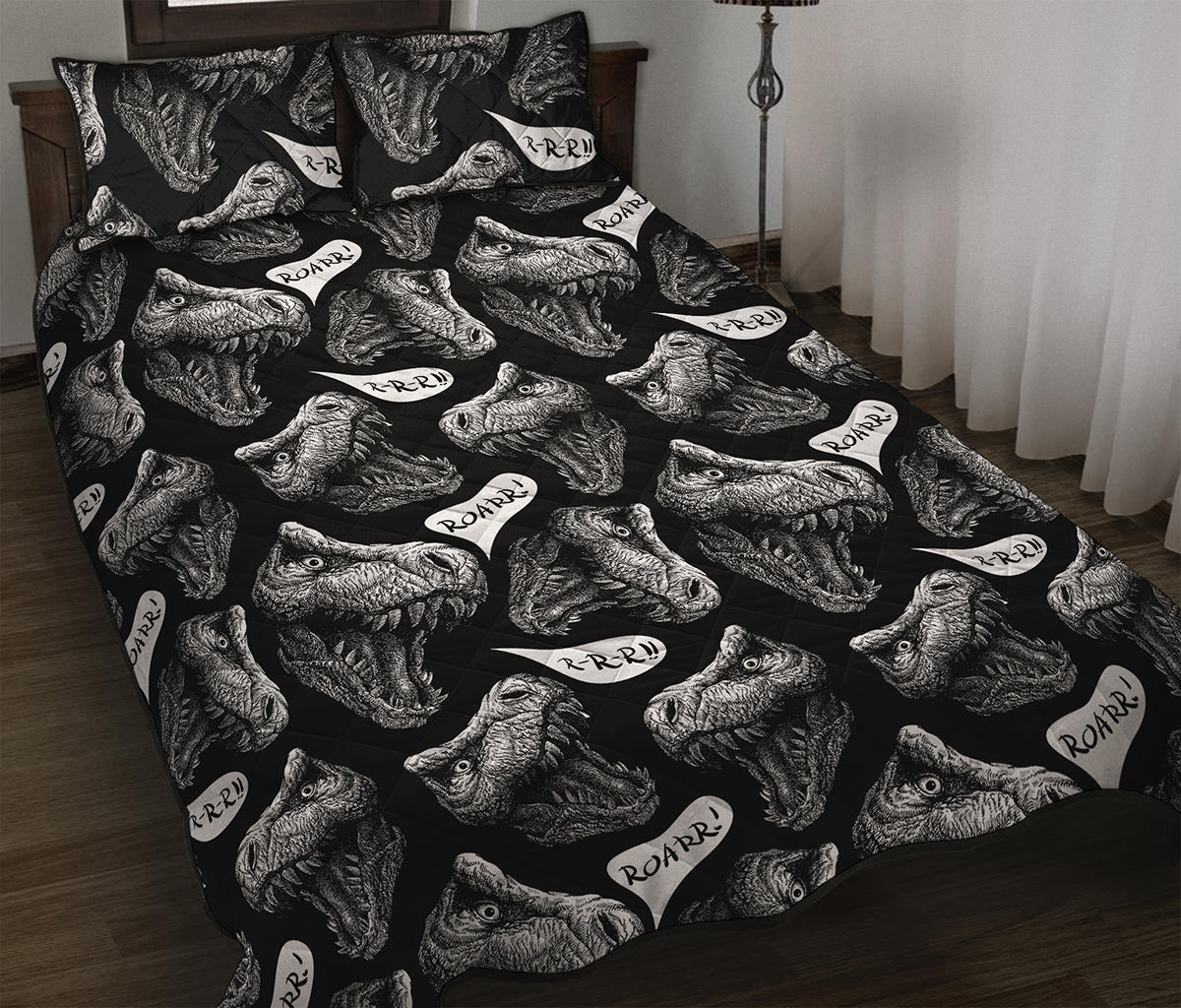 Black And White T-Rex Dinosaur Print Quilt Bed Set