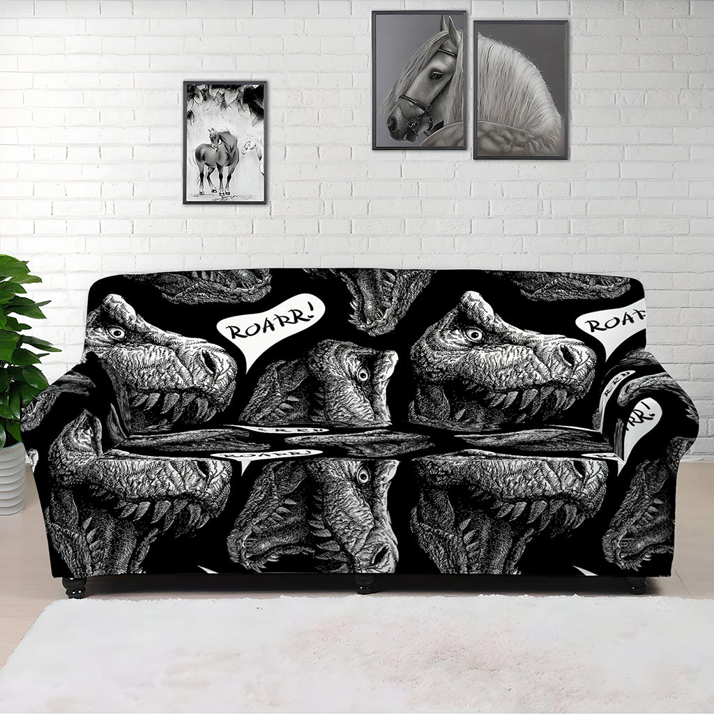 Black And White T-Rex Dinosaur Print Sofa Cover