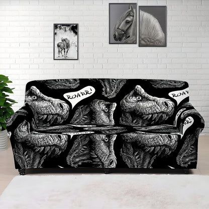 Black And White T-Rex Dinosaur Print Sofa Cover