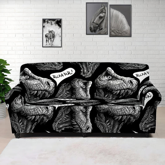 Black And White T-Rex Dinosaur Print Sofa Cover