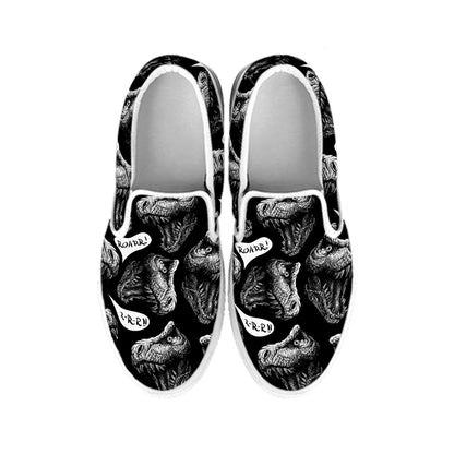 Black And White T-Rex Dinosaur Print White Slip On Shoes