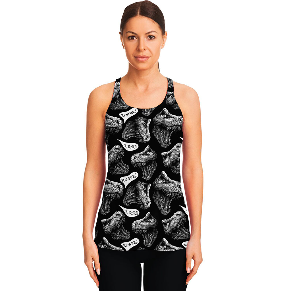 Black And White T-Rex Dinosaur Print Women's Racerback Tank Top