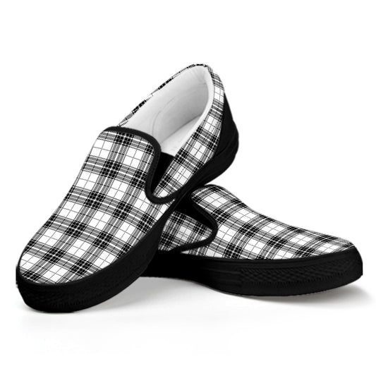 Black And White Tartan Pattern Print Black Slip On Shoes