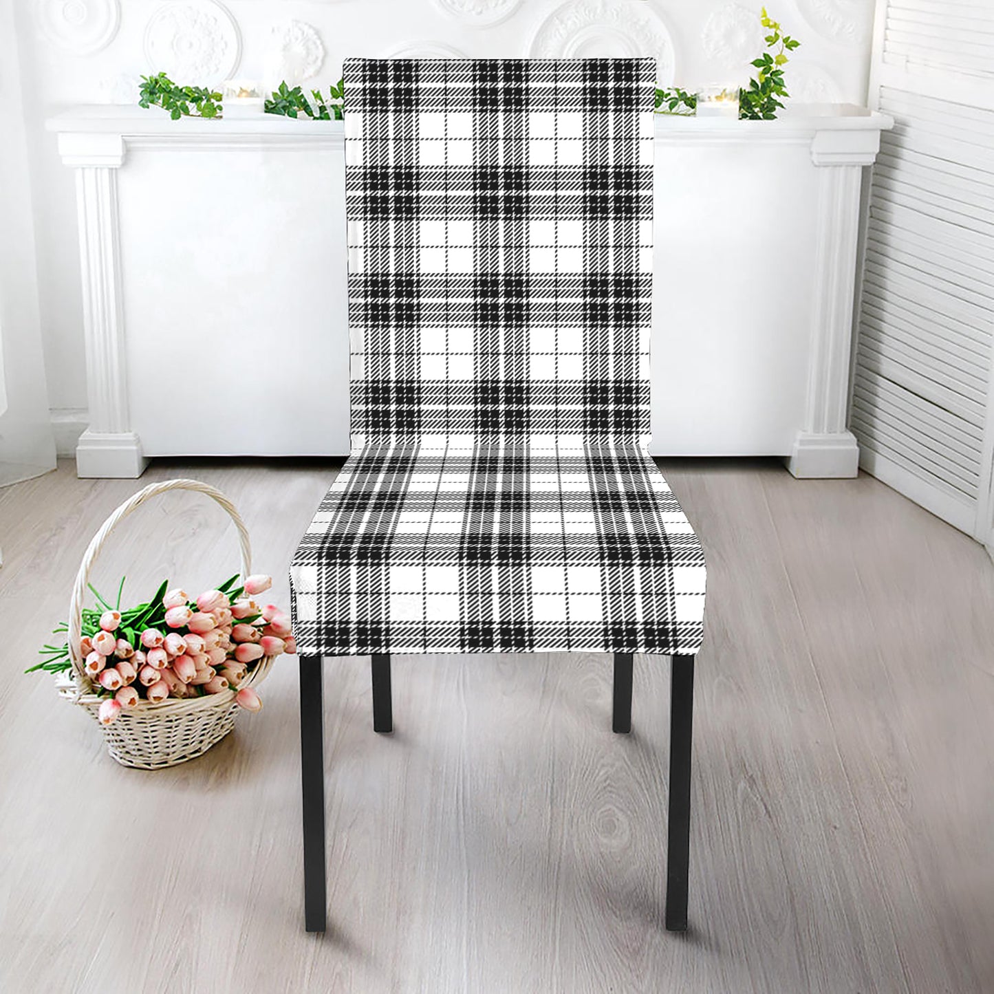 Black And White Tartan Pattern Print Dining Chair Slipcover