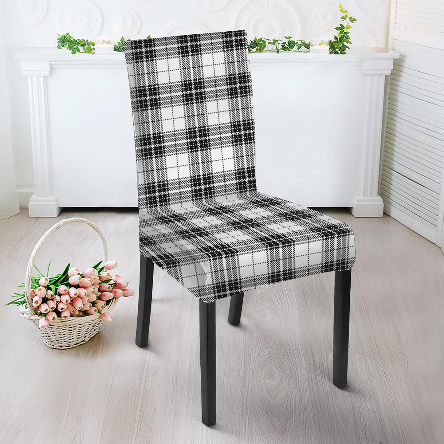 Black And White Tartan Pattern Print Dining Chair Slipcover