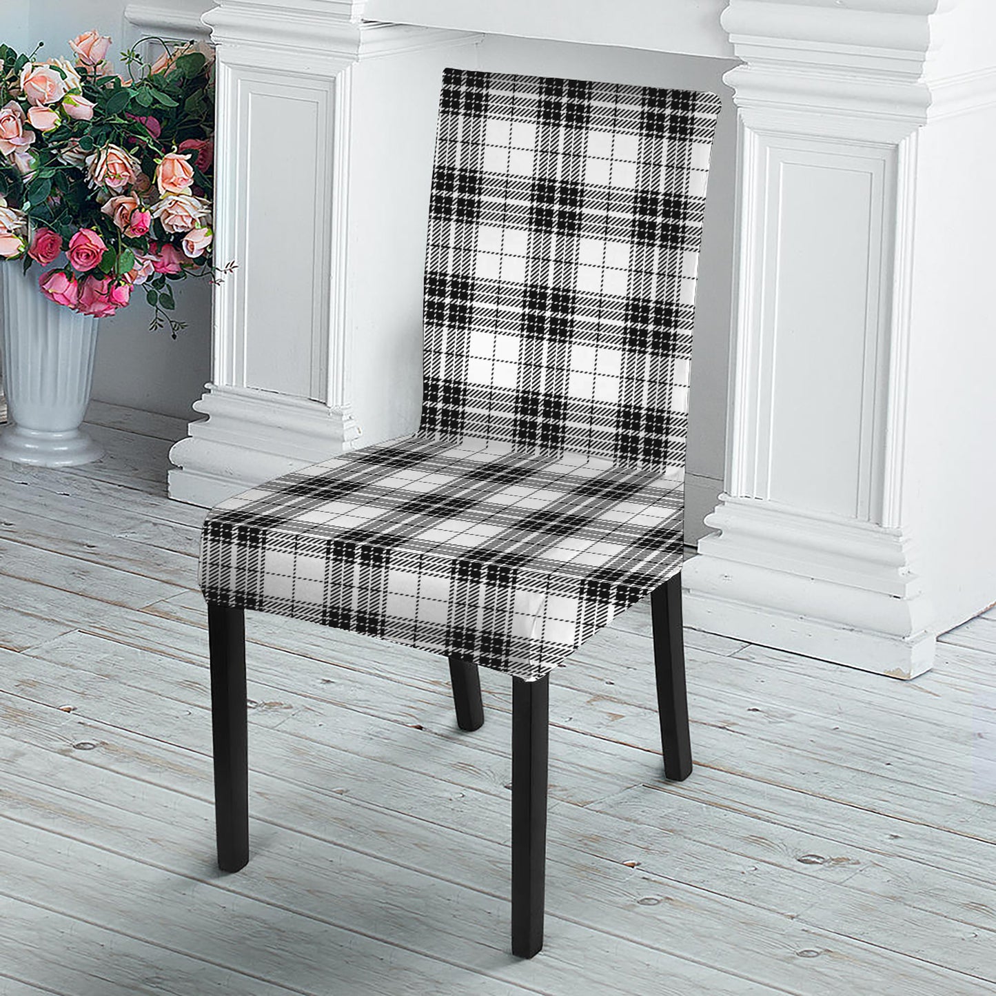 Black And White Tartan Pattern Print Dining Chair Slipcover