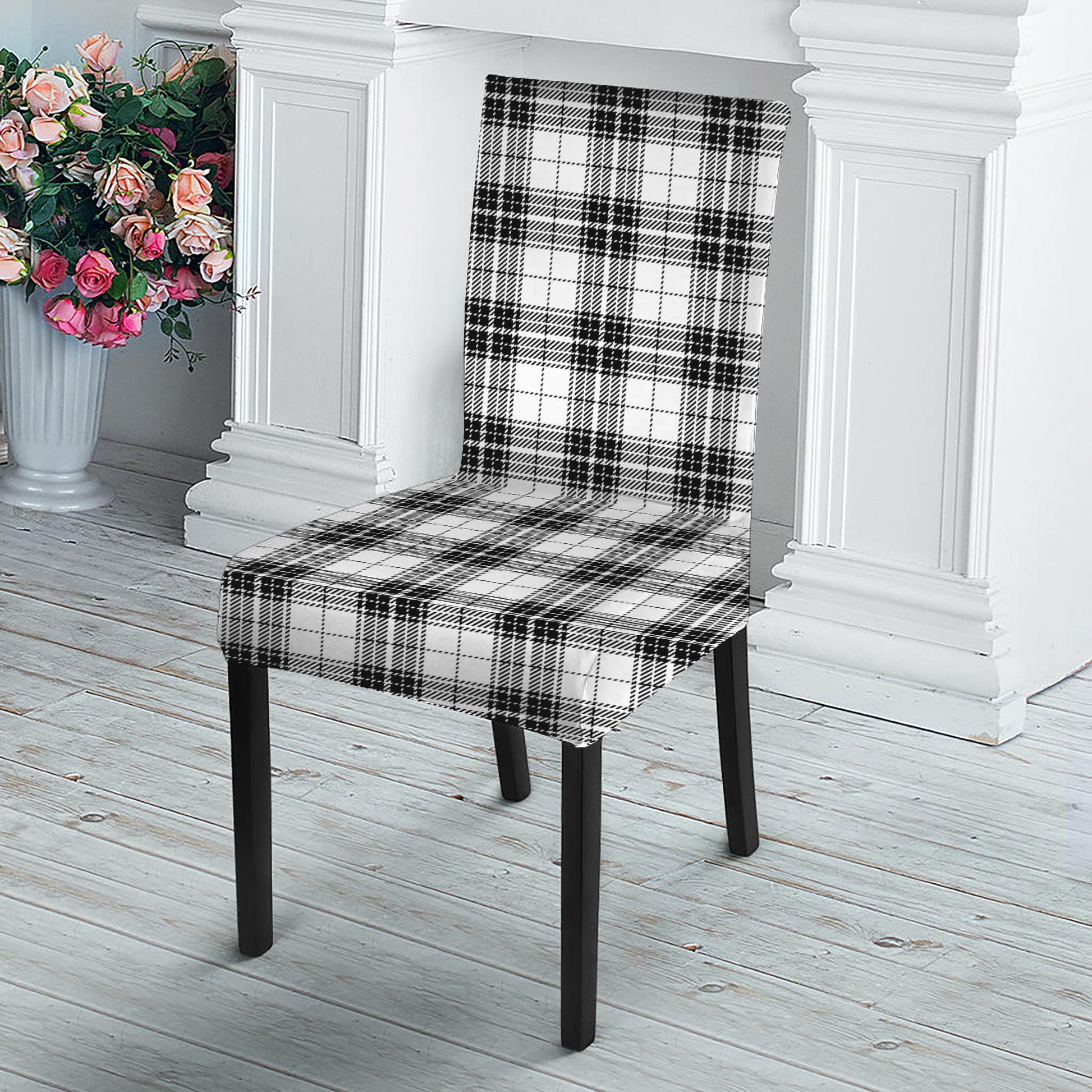 Black And White Tartan Pattern Print Dining Chair Slipcover