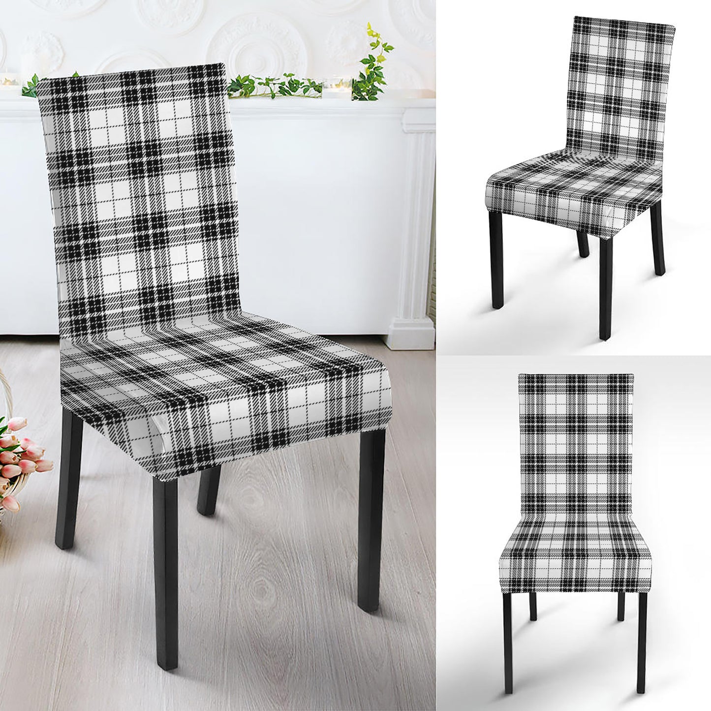 Black And White Tartan Pattern Print Dining Chair Slipcover