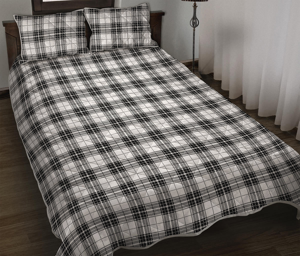 Black And White Tartan Pattern Print Quilt Bed Set