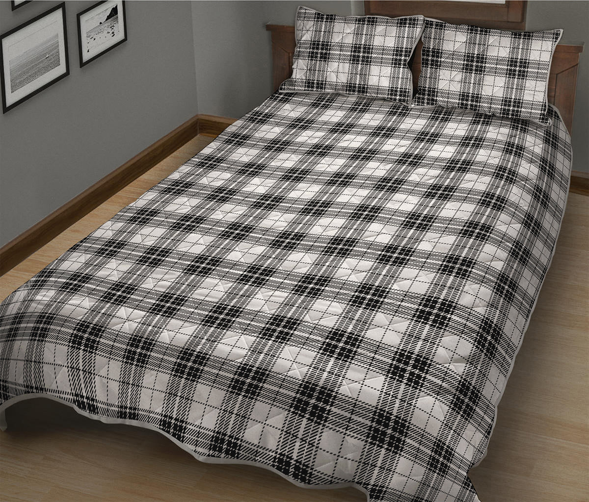 Black And White Tartan Pattern Print Quilt Bed Set