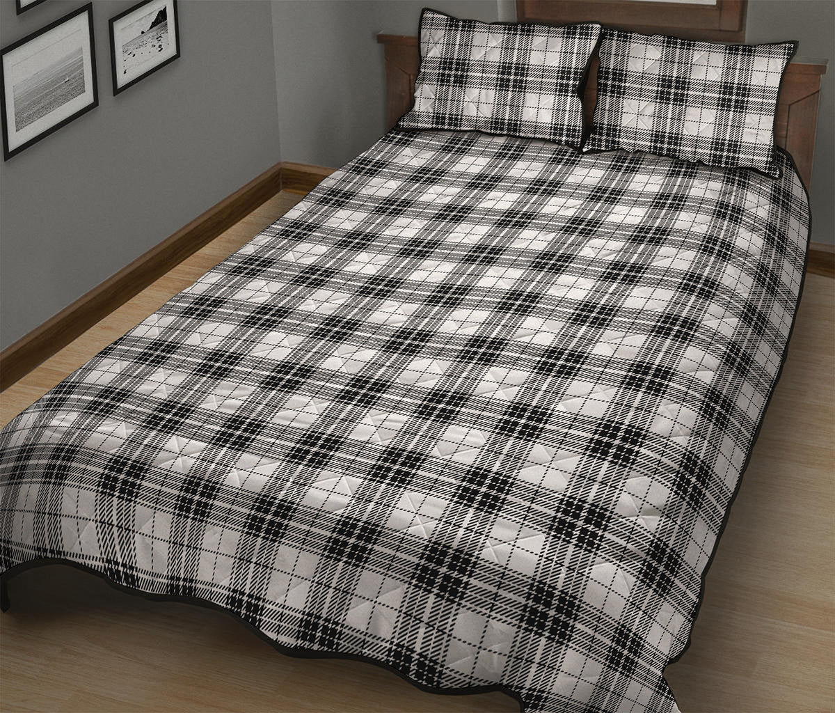 Black And White Tartan Pattern Print Quilt Bed Set