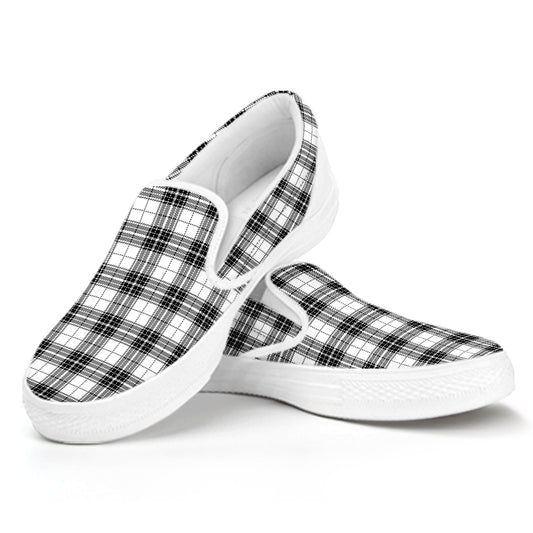 Black And White Tartan Pattern Print White Slip On Shoes