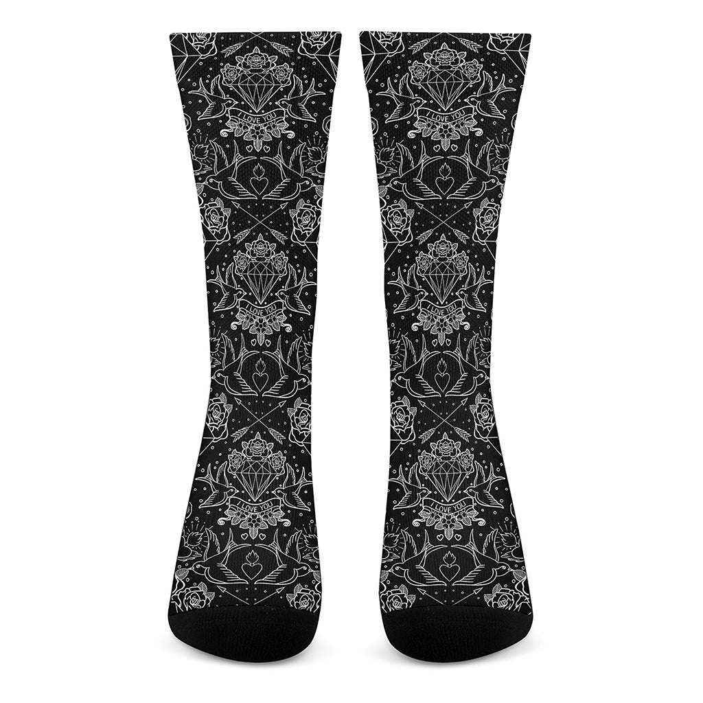 Black And White Tattoo Print Crew Socks