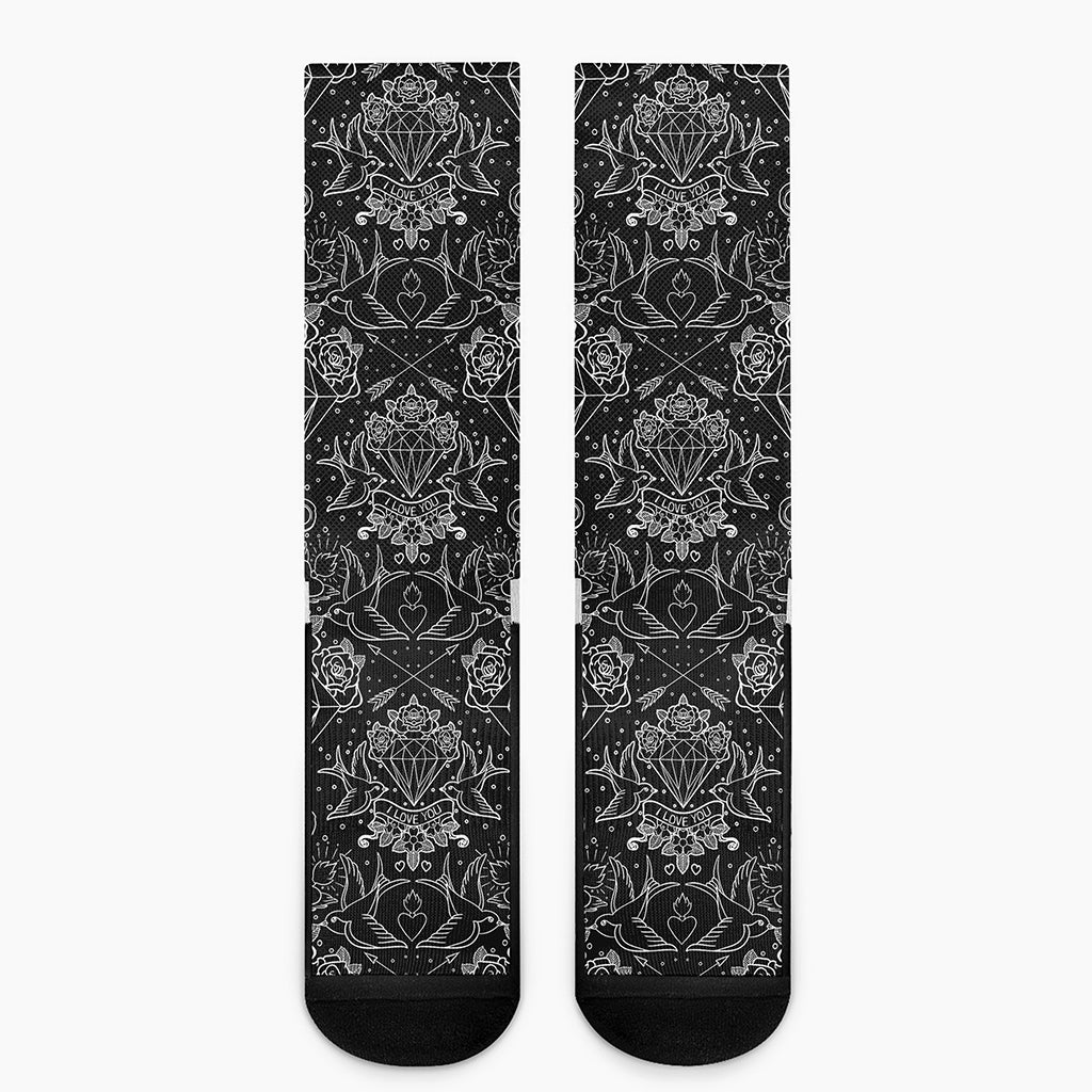 Black And White Tattoo Print Crew Socks