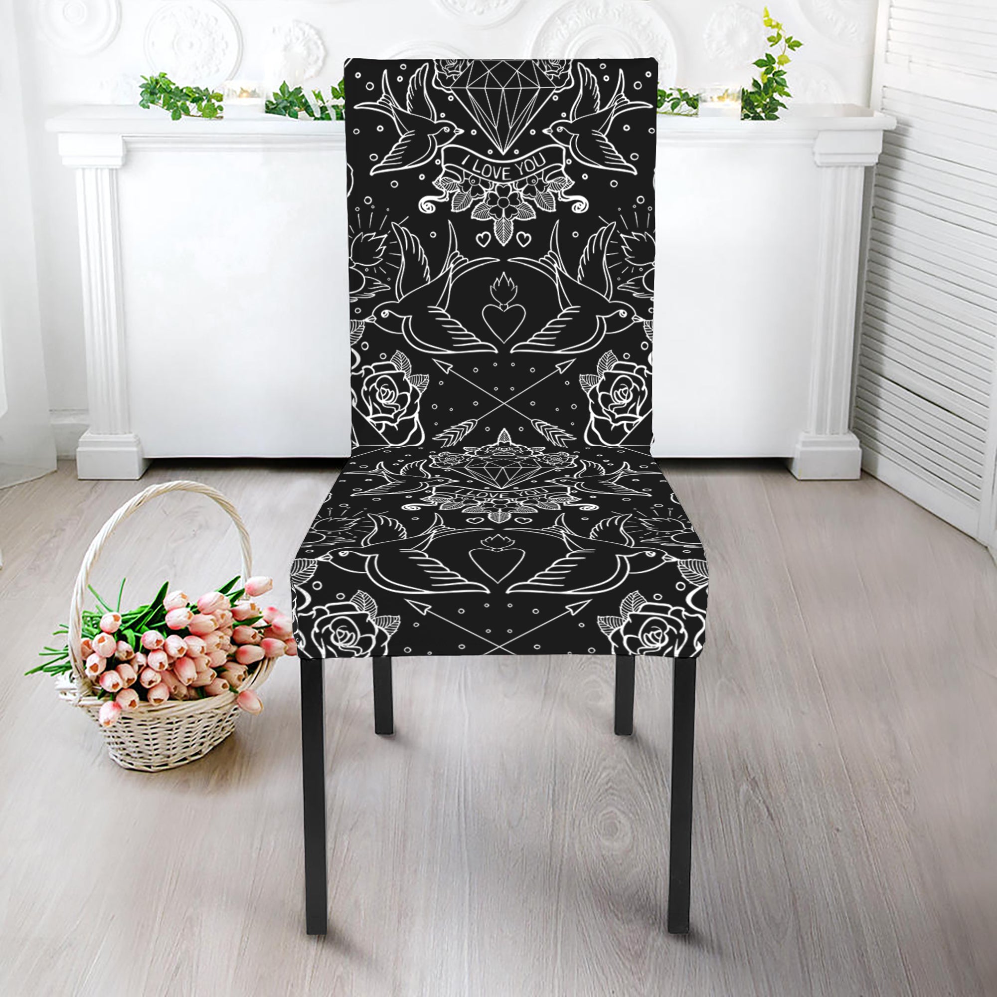 Black And White Tattoo Print Dining Chair Slipcover