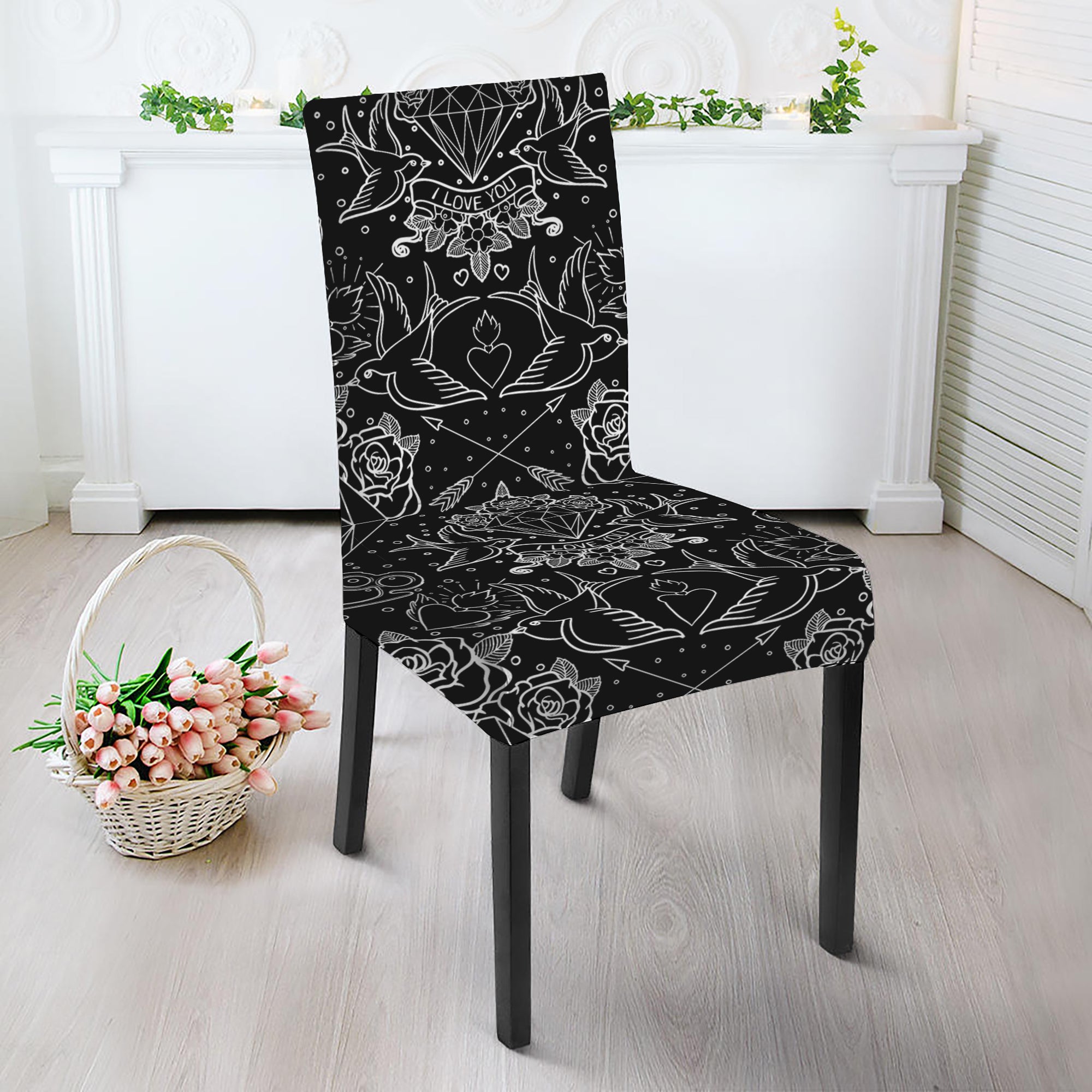 Black And White Tattoo Print Dining Chair Slipcover