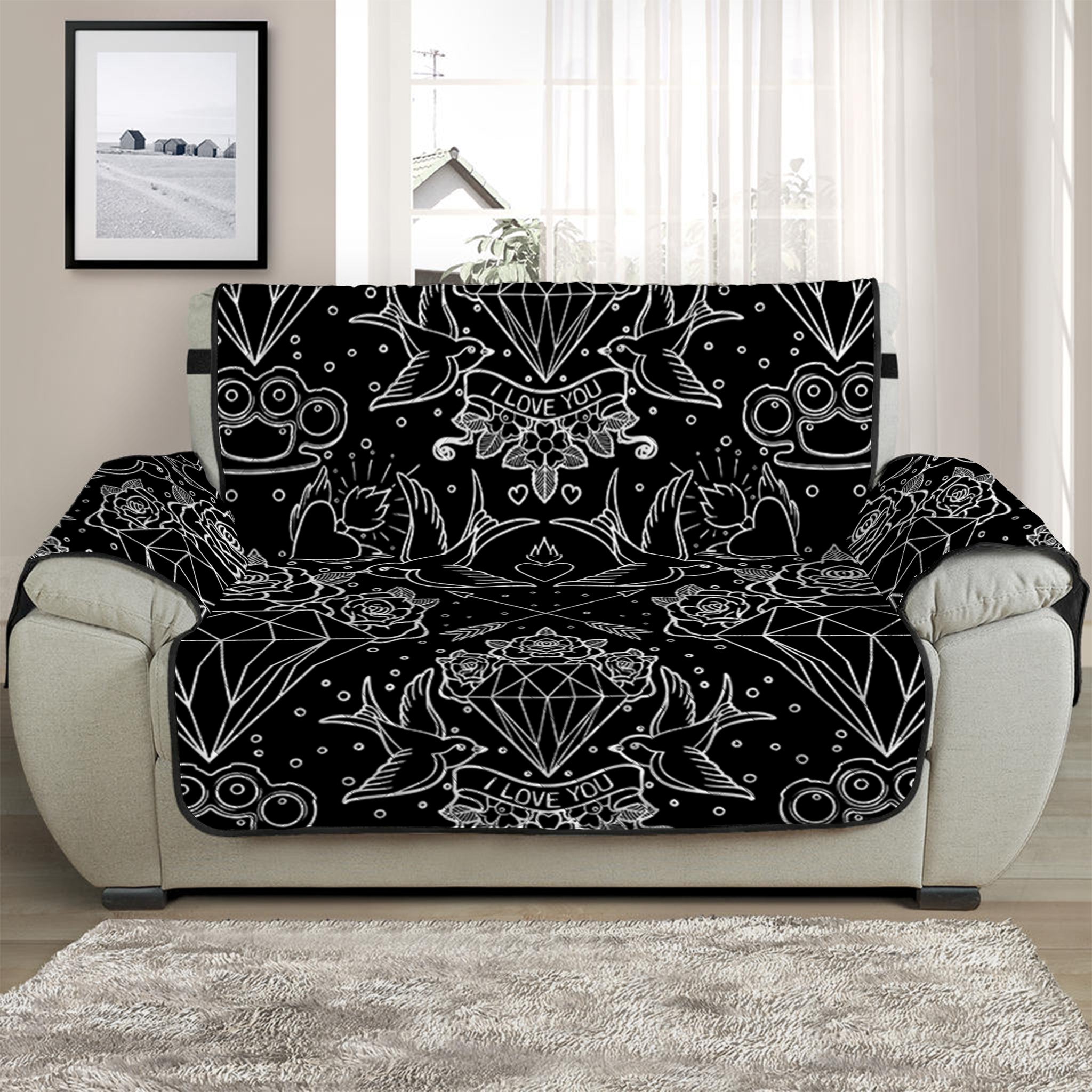 Black And White Tattoo Print Half Sofa Protector