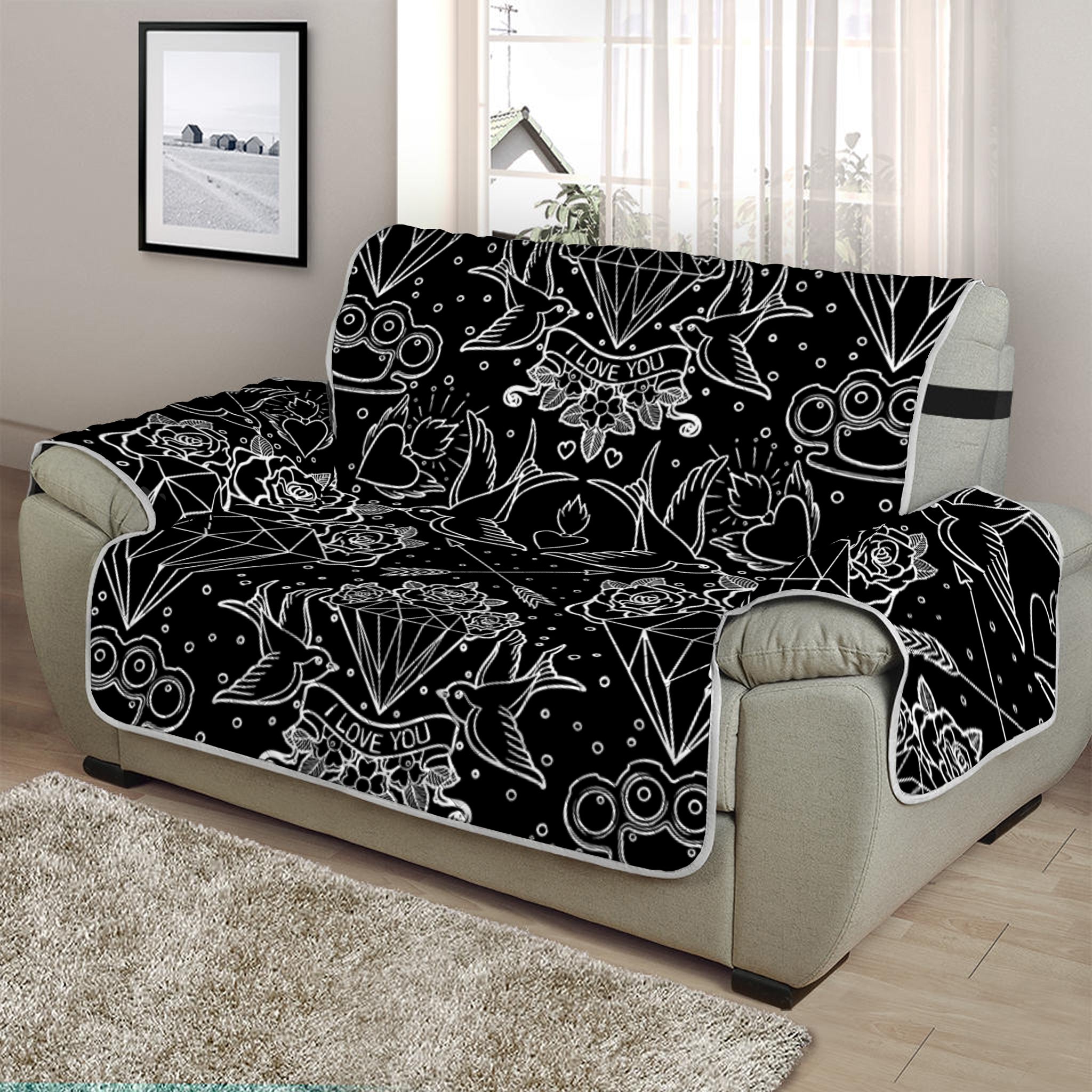 Black And White Tattoo Print Half Sofa Protector