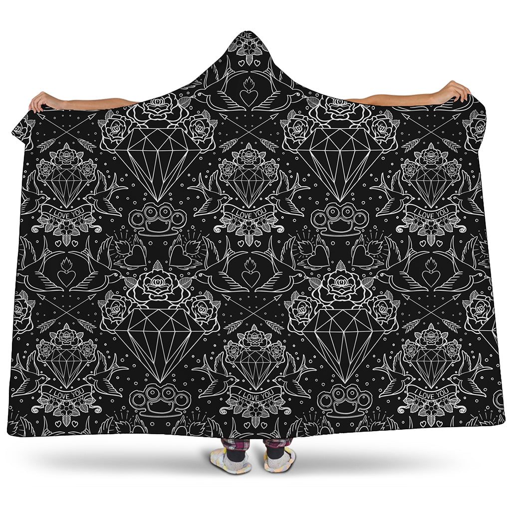 Black And White Tattoo Print Hooded Blanket