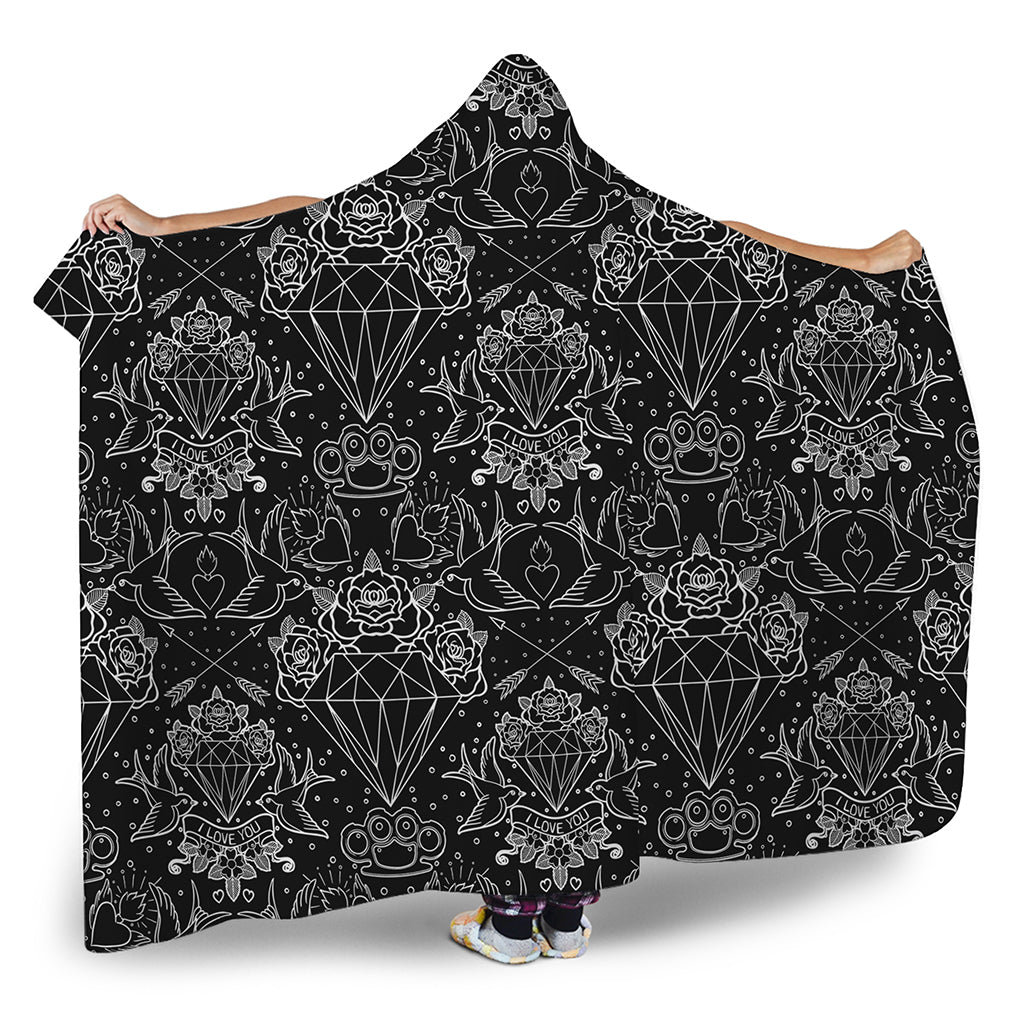 Black And White Tattoo Print Hooded Blanket