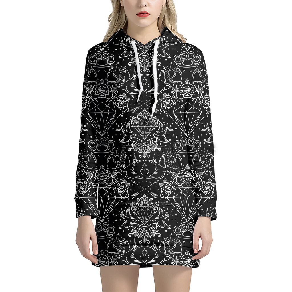 Black And White Tattoo Print Hoodie Dress