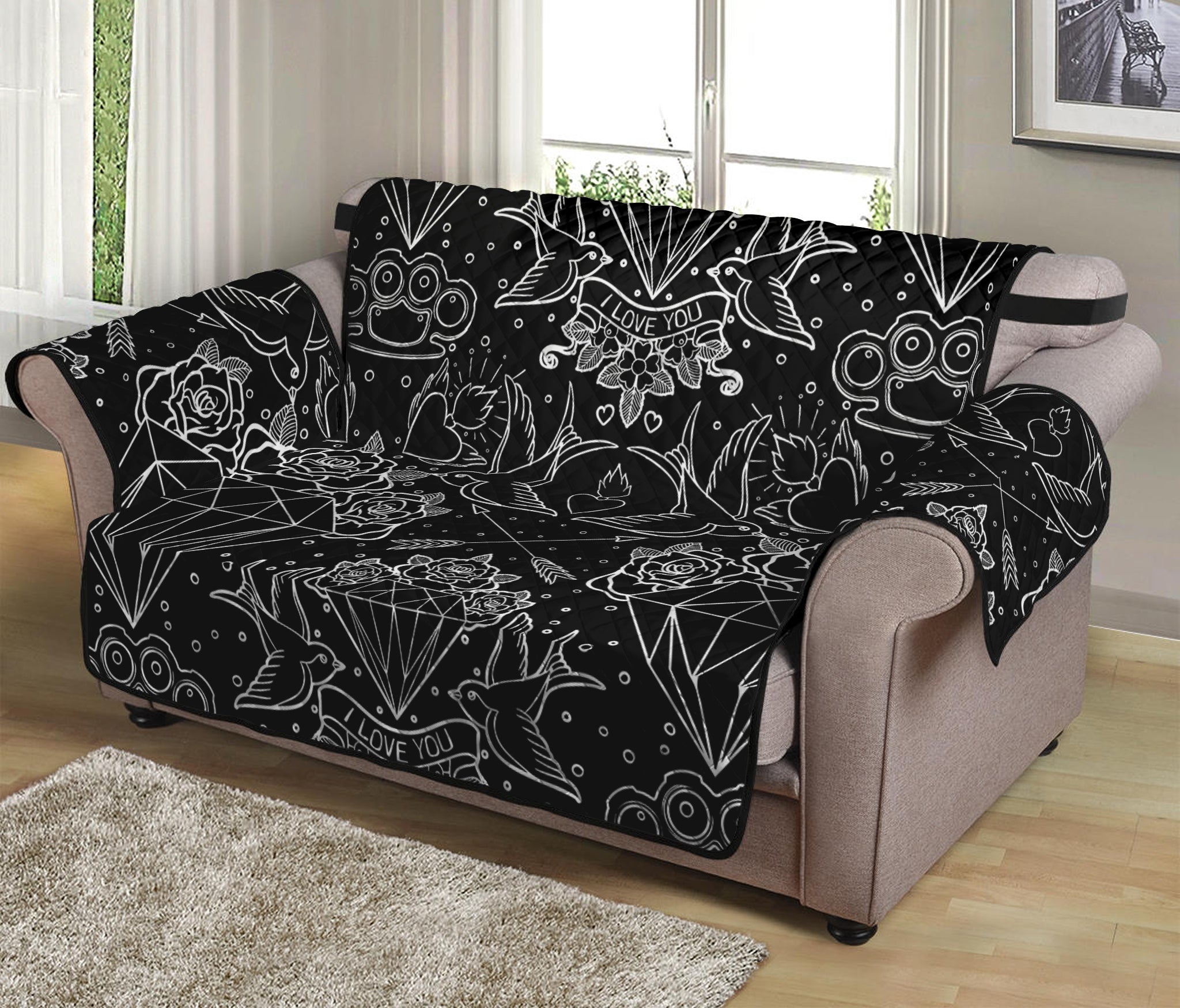 Black And White Tattoo Print Loveseat Protector