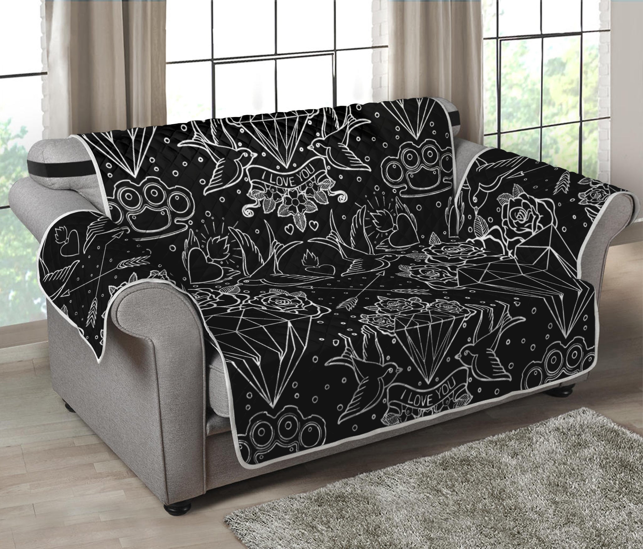 Black And White Tattoo Print Loveseat Protector