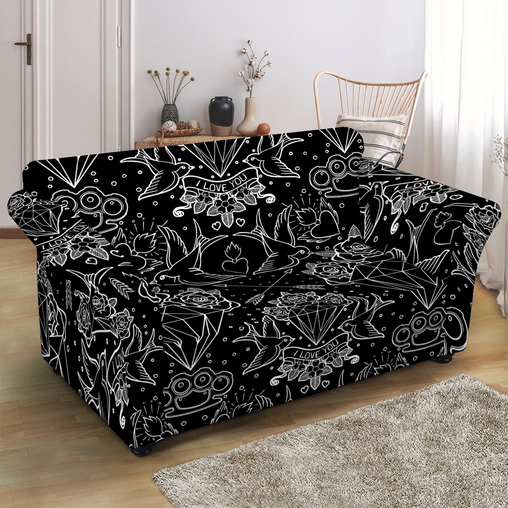 Black And White Tattoo Print Loveseat Slipcover