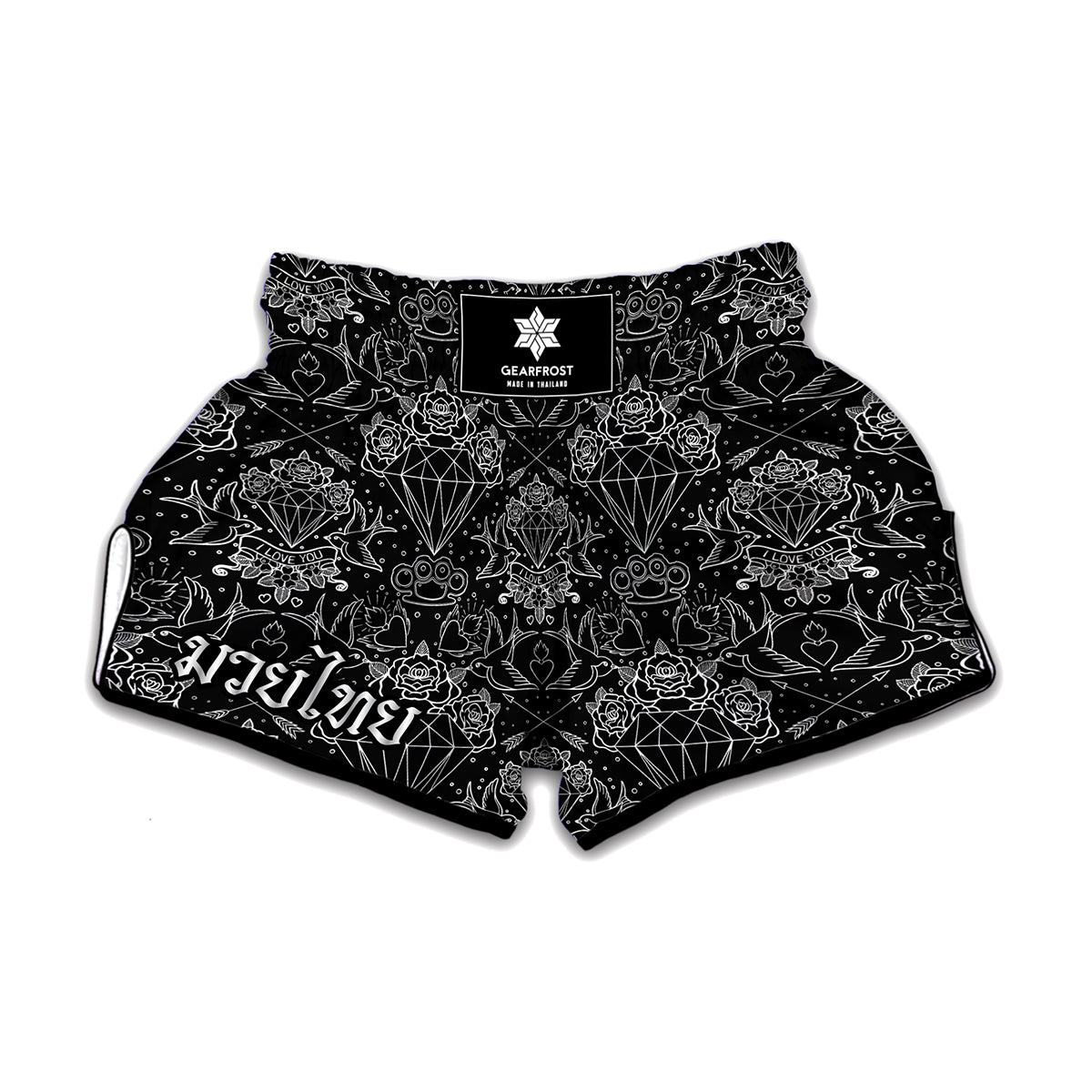 Black And White Tattoo Print Muay Thai Boxing Shorts