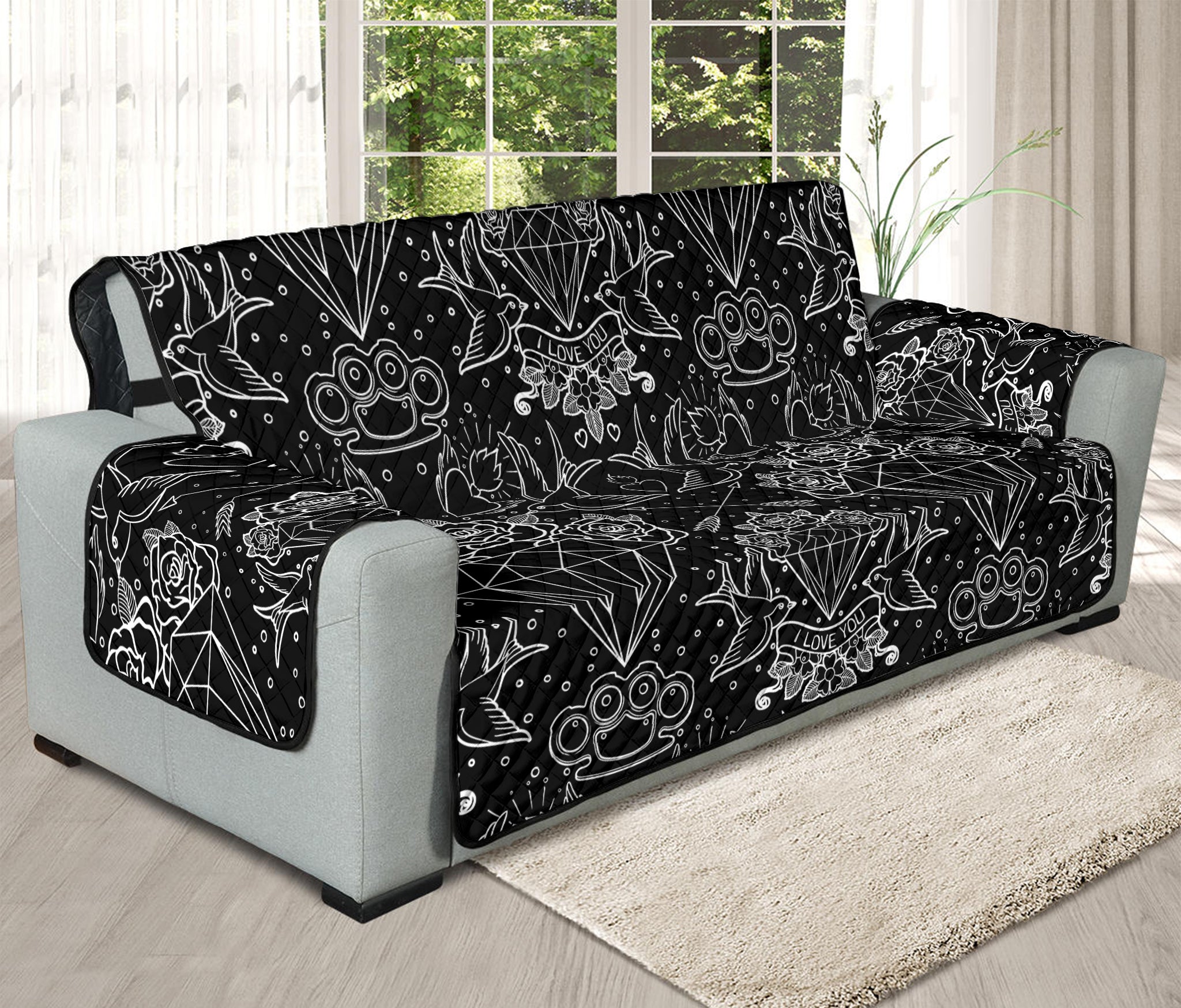 Black And White Tattoo Print Oversized Sofa Protector