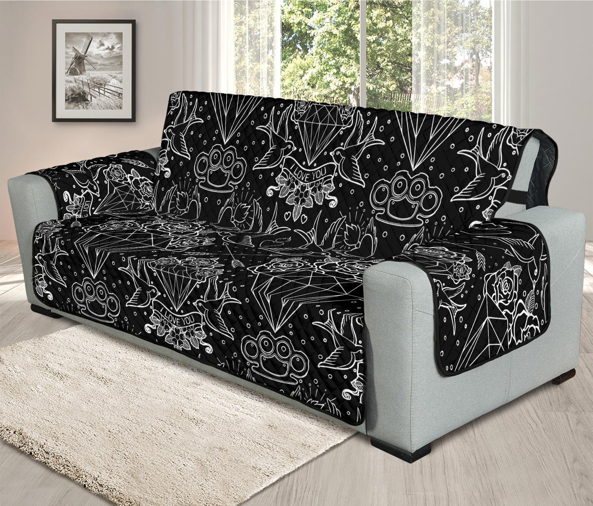 Black And White Tattoo Print Oversized Sofa Protector