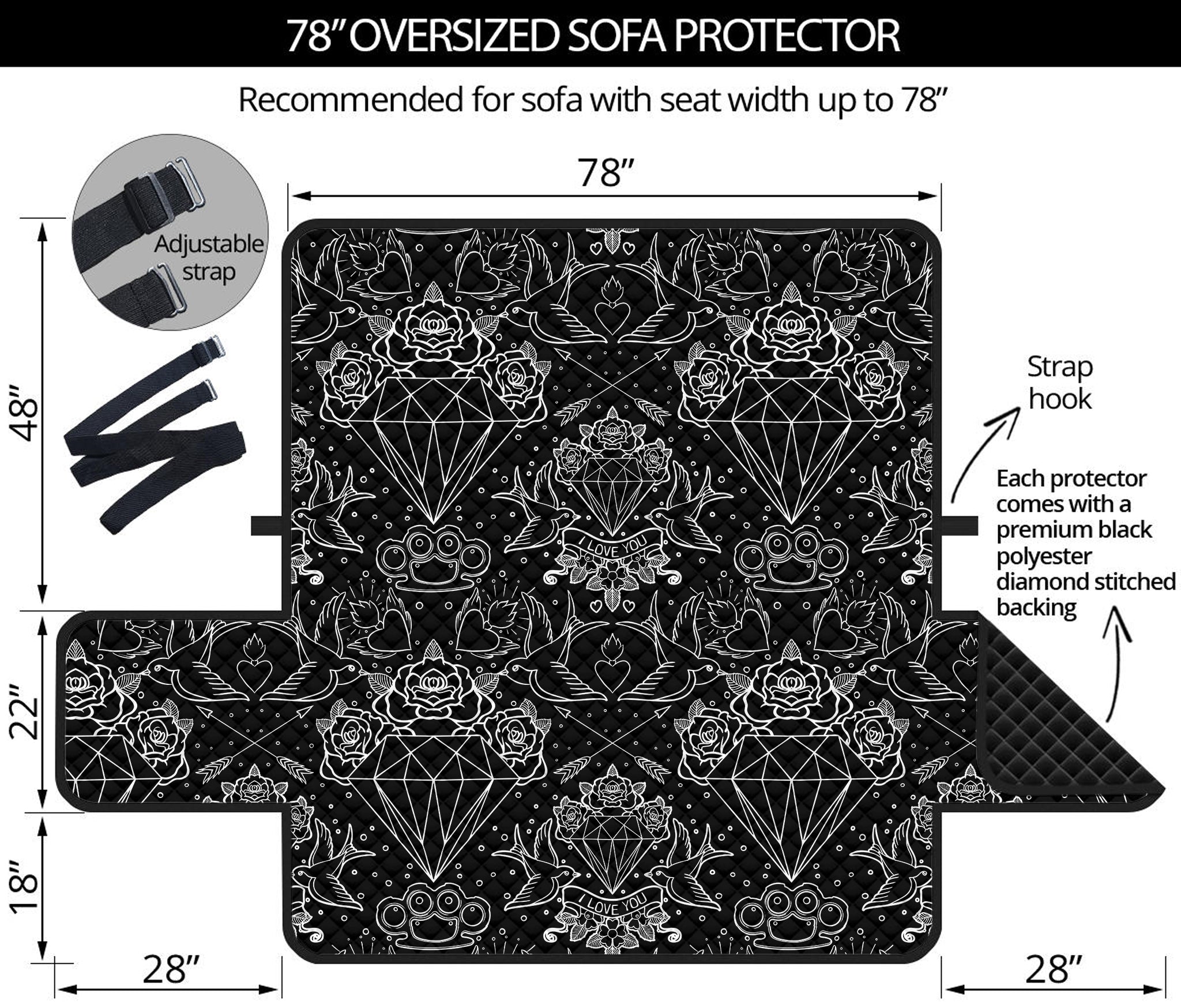 Black And White Tattoo Print Oversized Sofa Protector