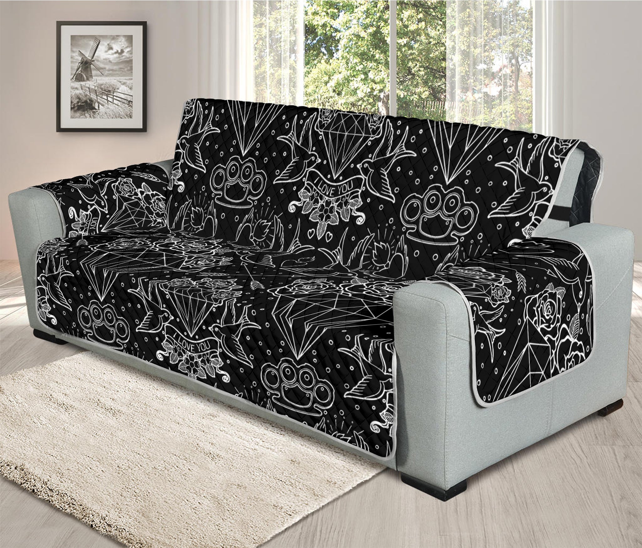 Black And White Tattoo Print Oversized Sofa Protector