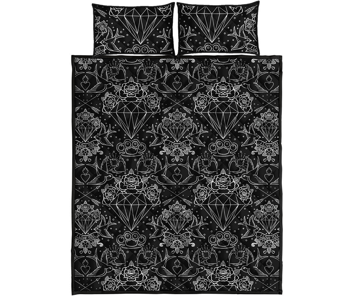 Black And White Tattoo Print Quilt Bed Set