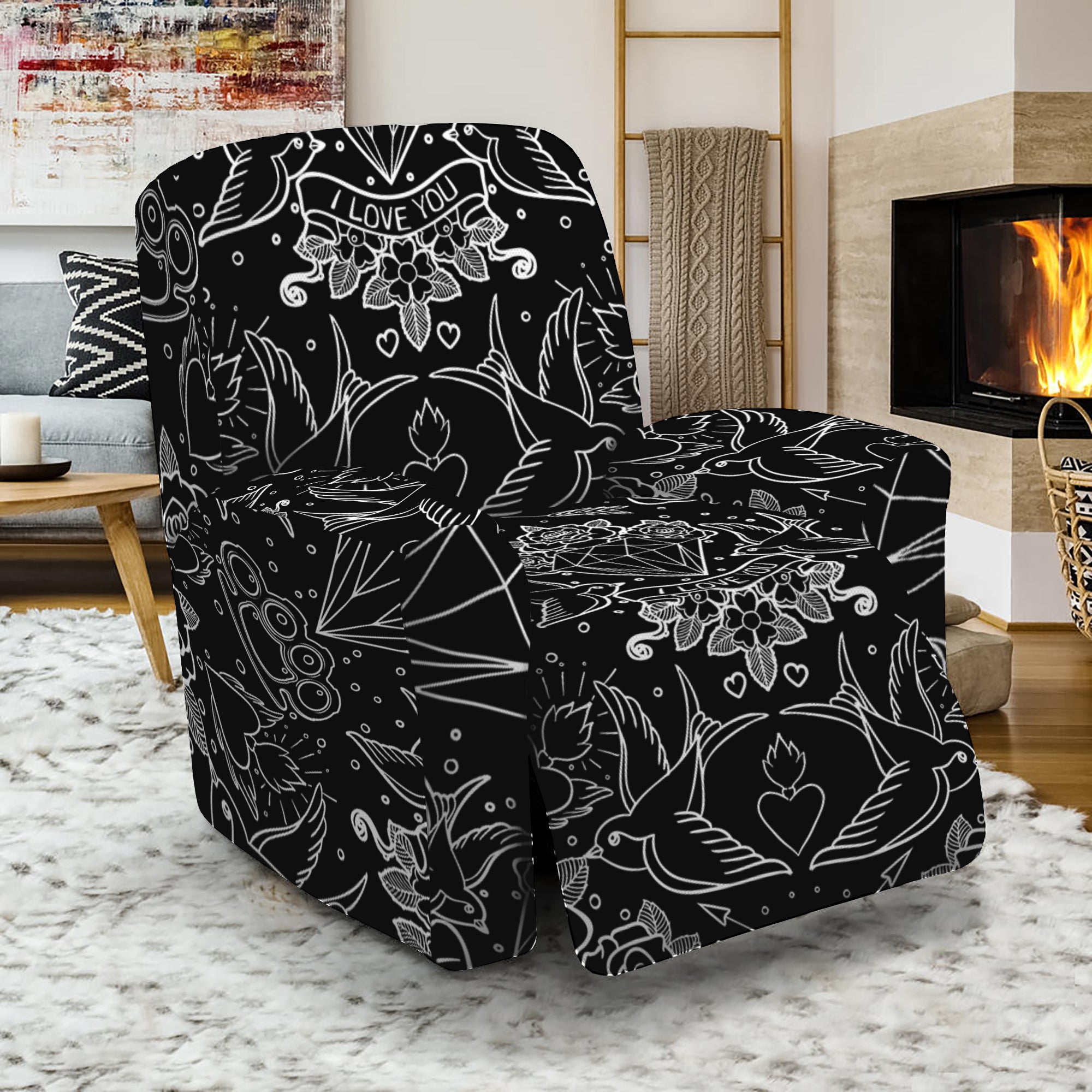 Black And White Tattoo Print Recliner Slipcover