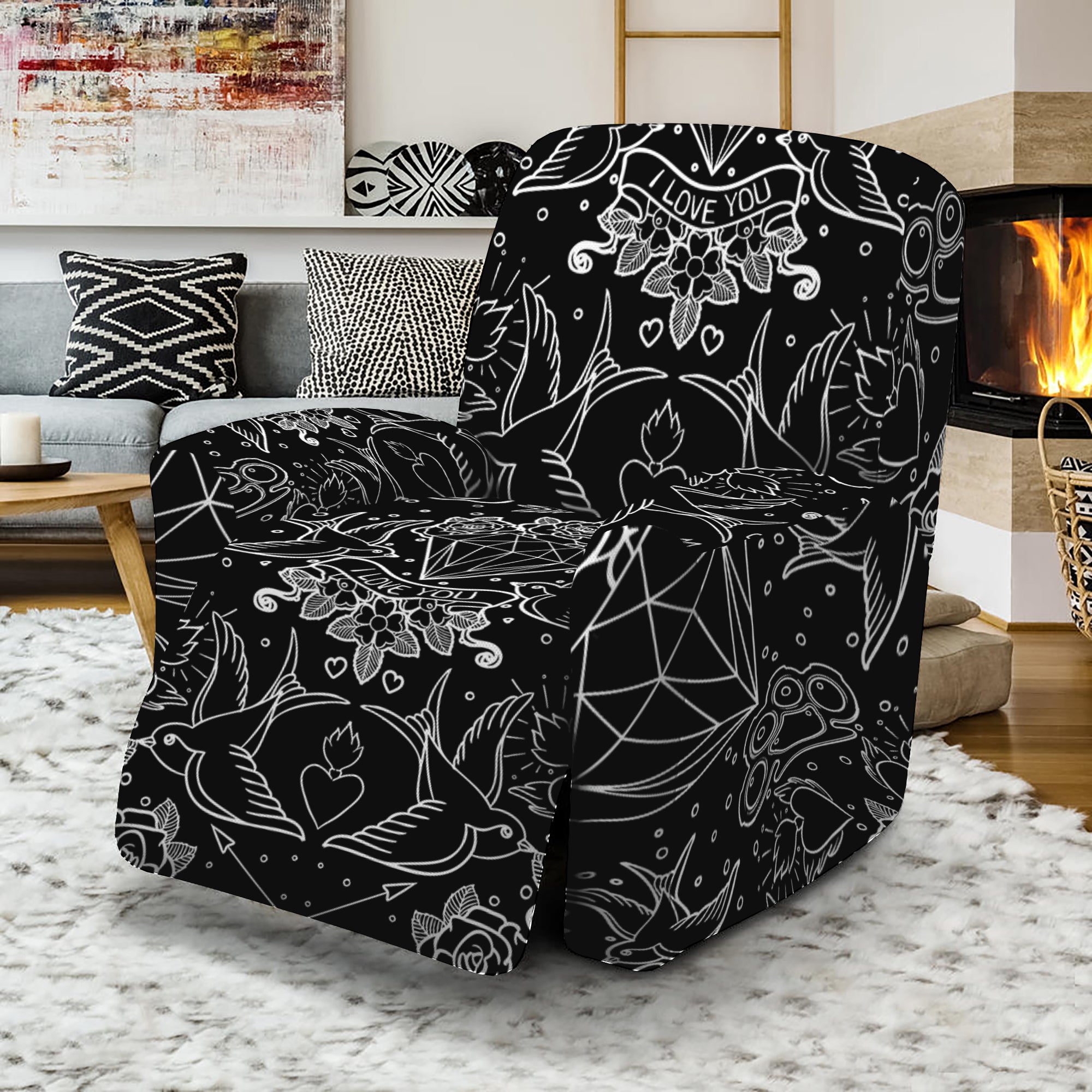 Black And White Tattoo Print Recliner Slipcover