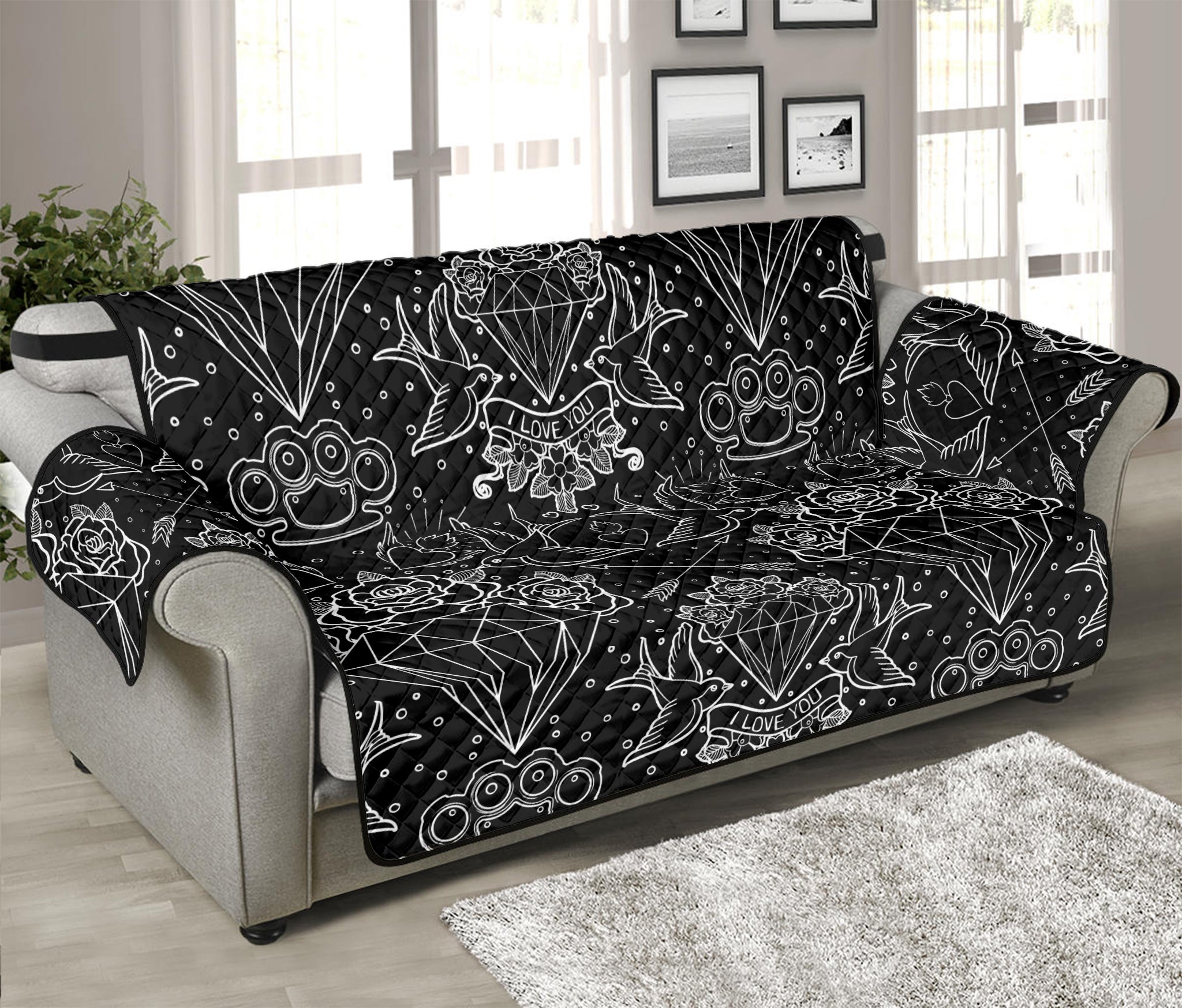 Black And White Tattoo Print Sofa Protector