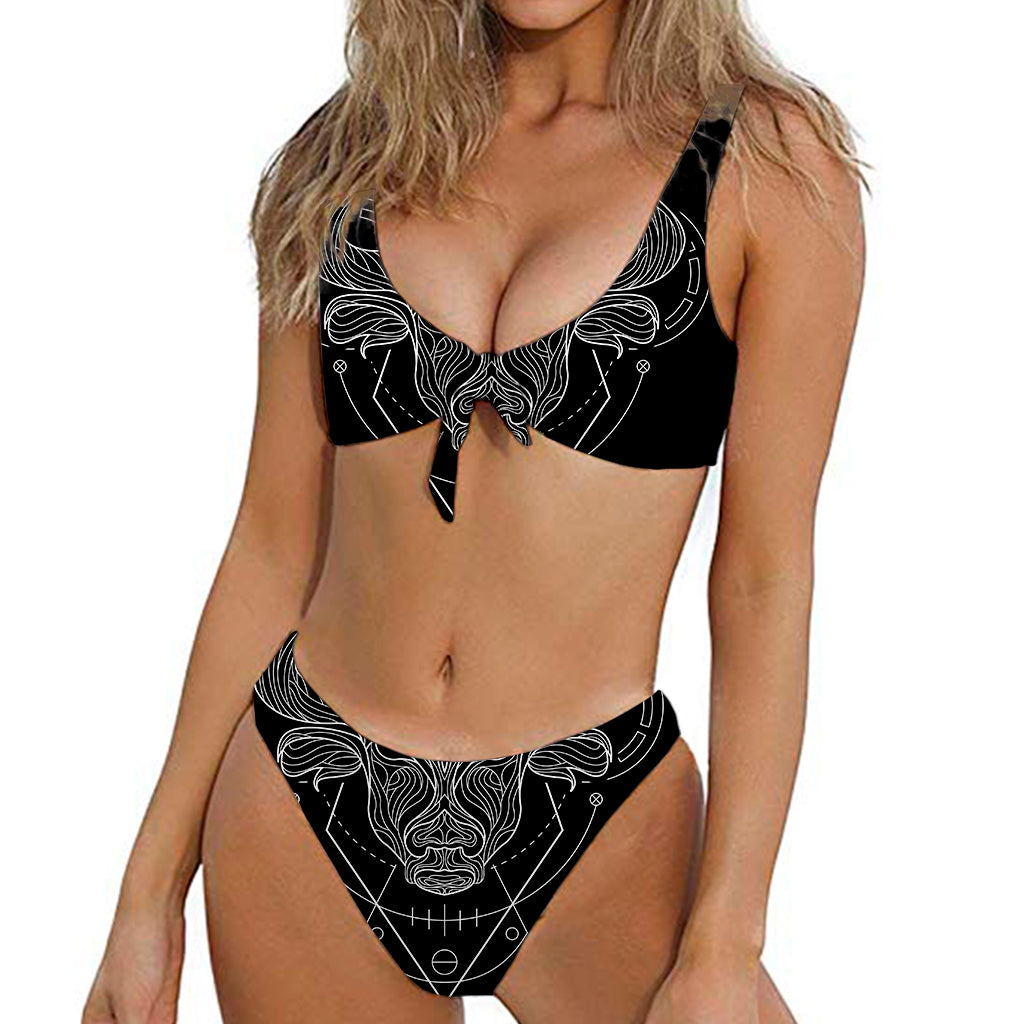 Black And White Taurus Sign Print Front Bow Tie Bikini