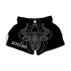 Black And White Taurus Sign Print Muay Thai Boxing Shorts