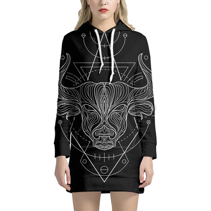 Black And White Taurus Sign Print Pullover Hoodie Dress