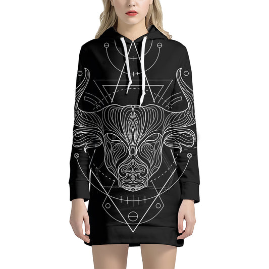 Black And White Taurus Sign Print Pullover Hoodie Dress