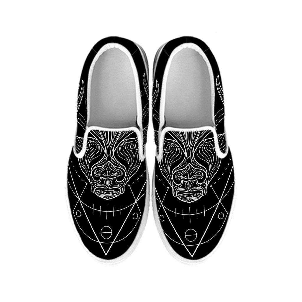 Black And White Taurus Sign Print White Slip On Shoes