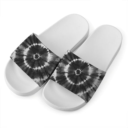 Black And White Tie Dye Print White Slide Sandals