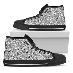 Black And White Tiger Pattern Print Black High Top Shoes