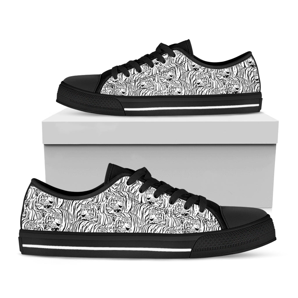 Black And White Tiger Pattern Print Black Low Top Shoes