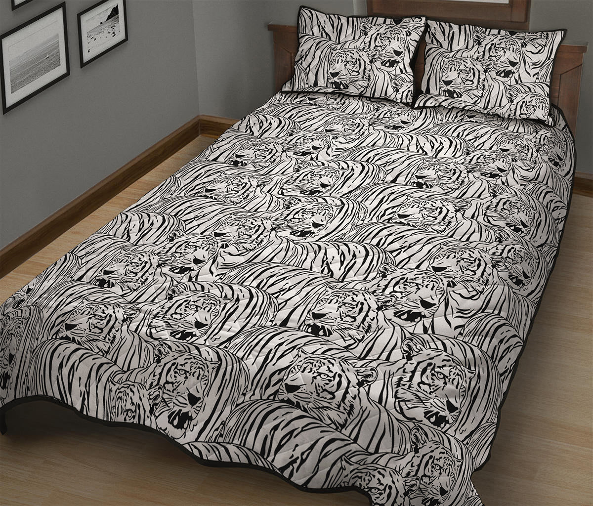 Black And White Tiger Pattern Print Quilt Bed Set